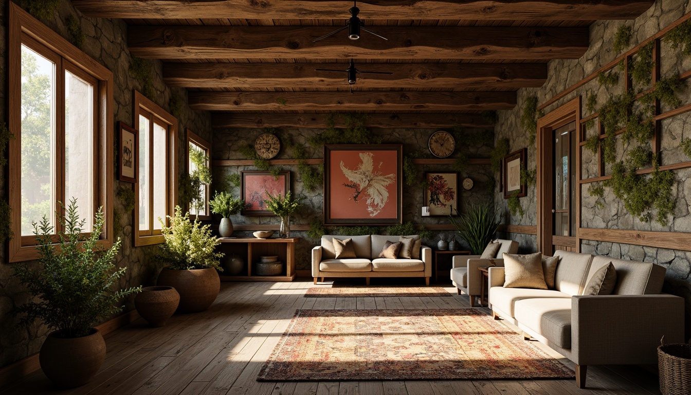 Prompt: Rustic wooden planks, distressed finishes, earthy tones, natural stone walls, moss-covered surfaces, weathered metal accents, vintage-inspired decorations, ornate carvings, intricate patterns, warm golden lighting, shallow depth of field, 1/1 composition, realistic textures, ambient occlusion.