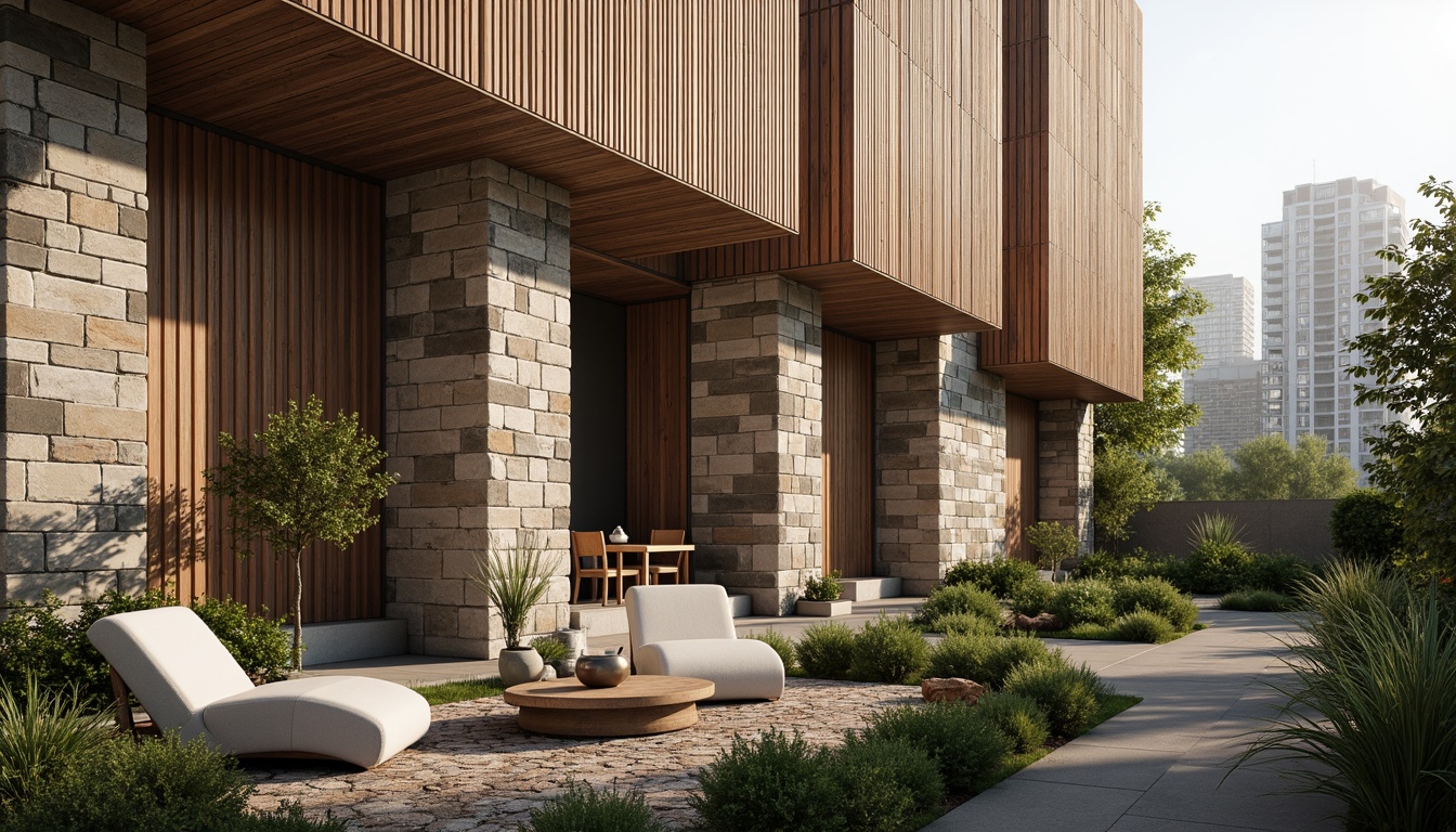 Prompt: Rough stone walls, rustic brick facades, wooden accents, natural wood grain, earthy tones, organic forms, irregular shapes, tactile experiences, 3D modeling, realistic renderings, ambient occlusion, soft warm lighting, shallow depth of field, 2/3 composition, modern architecture, sustainable design, eco-friendly materials, green roofs, living walls, urban landscapes, city skylines, industrial heritage, converted warehouses.