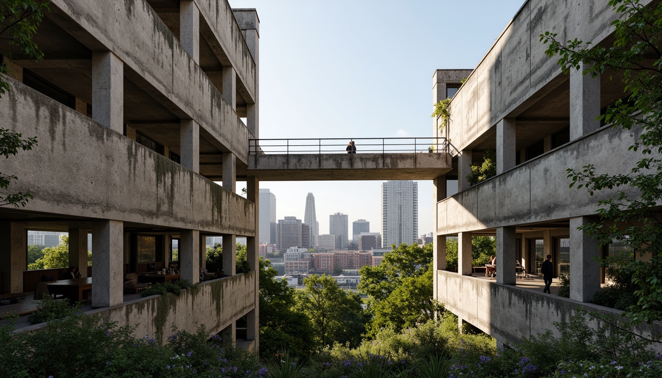 Prompt: Rugged brutalist buildings, raw concrete textures, fortress-like structures, overgrown vegetation, wildflowers, moss-covered walls, weathered steel beams, industrial materials, urban landscape integration, cityscape views, elevated walkways, cantilevered sections, dramatic shadows, harsh natural light, 1/1 composition, symmetrical framing, high-contrast lighting, gritty realistic textures, ambient occlusion.