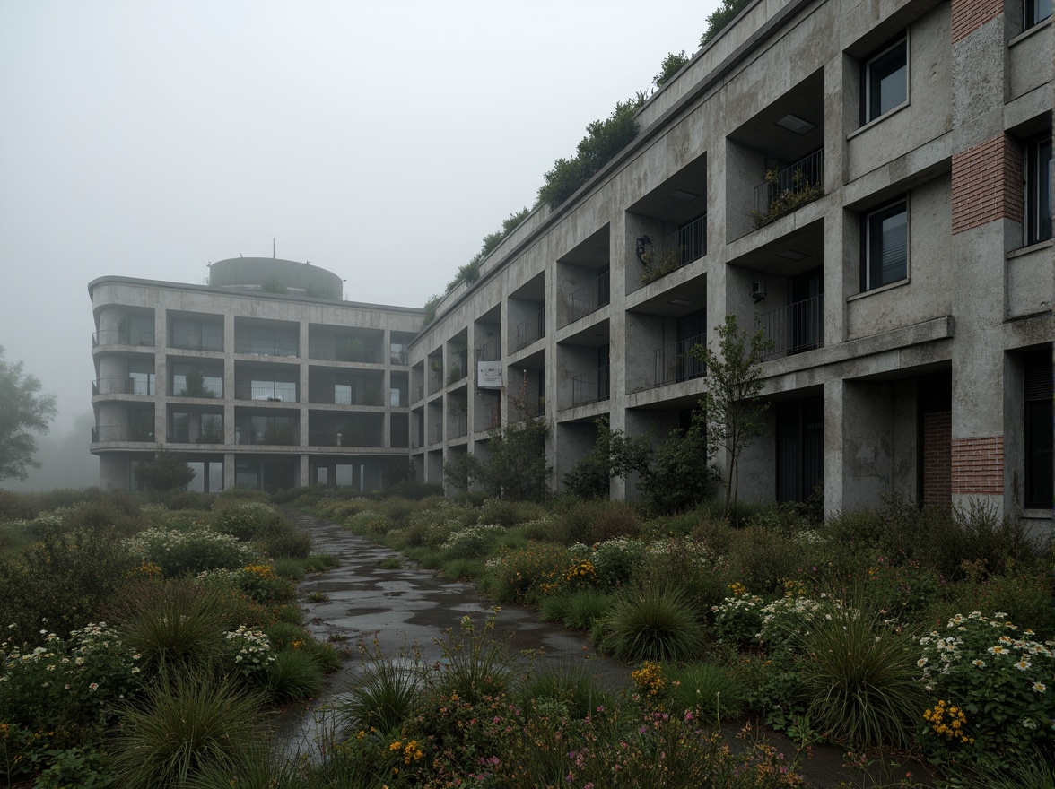 Prompt: Rugged brutalist architecture, raw concrete textures, fortress-like structures, overgrown vegetation, wildflowers, moss-covered walls, industrial landscapes, abandoned factories, crumbling brick facades, distressed metal accents, urban decay, post-apocalyptic atmosphere, dramatic lighting, low-angle shots, cinematic composition, gritty realistic renderings, atmospheric fog effects, misty mornings, eerie silence.