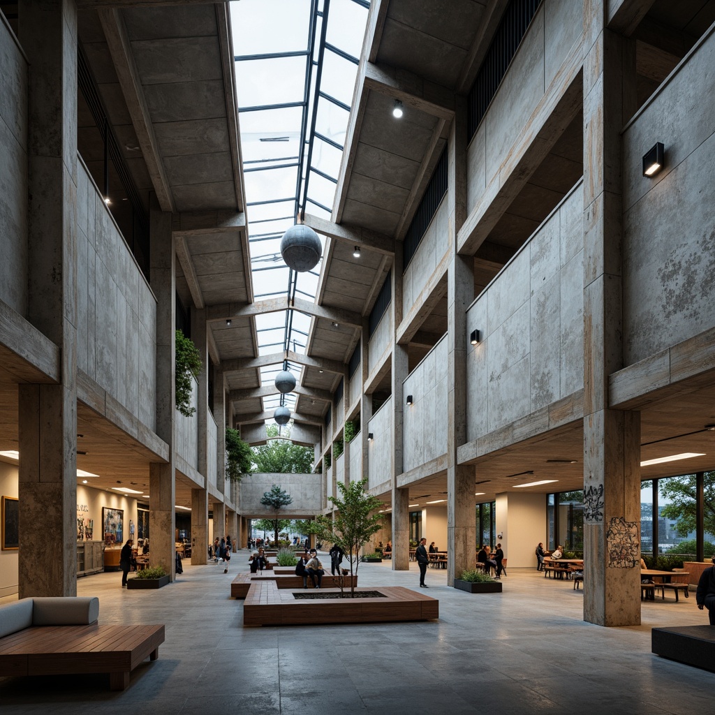 Prompt: Rugged community center, brutalist architecture, raw concrete walls, exposed ductwork, industrial metal beams, natural light pouring in, large skylights, clerestory windows, urban landscape views, gritty cityscape, overcast sky, soft diffused lighting, high contrast shadows, dramatic architectural forms, bold geometric shapes, functional minimalism, communal gathering spaces, reclaimed wood accents, weathered steel features, abstract graffiti art, moody atmospheric tones, cinematic composition, realistic textures, ambient occlusion.