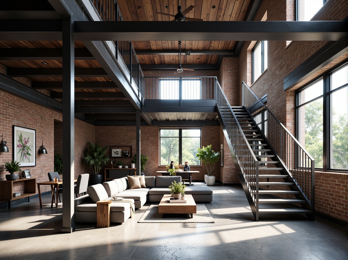 Prompt: Exposed steel beams, industrial chic aesthetic, polished concrete floors, minimalist decor, modern urban loft, open-plan living space, floor-to-ceiling windows, natural light pouring in, sleek metal staircases, geometric-shaped railings, reclaimed wood accents, distressed brick walls, edgy architectural lines, dramatic shadows, high-contrast lighting, 1/1 composition, symmetrical framing, realistic textures, ambient occlusion.