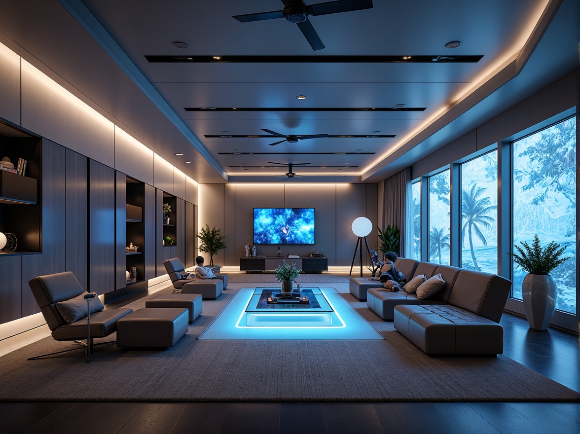 Prompt: Futuristic living room, sleek metallic walls, minimalist decor, curved lines, holographic displays, ambient lighting, smart home systems, automated furniture, hidden storage compartments, levitating shelves, transparent glass tables, neon-lit floors, virtual reality zones, 3D-printed decorative elements, high-tech gadgets, futuristic sculptures, abstract artwork, soft glowing accents, shallow depth of field, 1/1 composition, panoramic view, realistic textures, ambient occlusion.