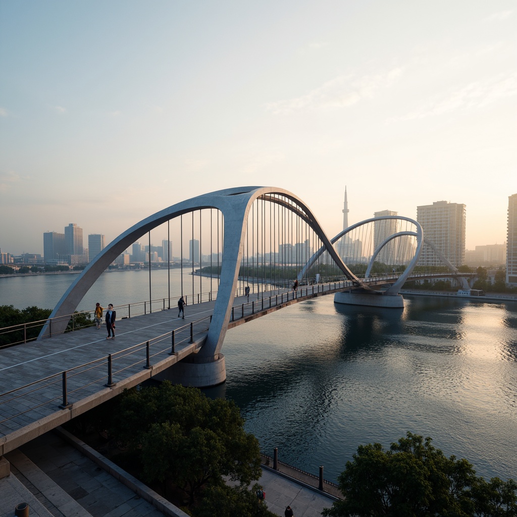 Prompt: Futuristic bridge, sleek metal arches, suspension cables, modern fusion architecture, dynamic curves, cantilevered sections, urban cityscape, misty morning atmosphere, soft warm lighting, shallow depth of field, 3/4 composition, panoramic view, realistic textures, ambient occlusion, steel beams, reinforced concrete pillars, innovative materials, sustainable construction methods, pedestrian walkways, scenic viewpoints, water reflections, rippling waves, surrounding skyscrapers.