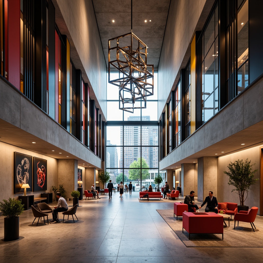 Prompt: Geometric hotel lobby, bold color blocking, industrial metal accents, minimalist furniture, sleek lines, functional decor, open floor plan, natural light pouring, urban cityscape views, abstract artwork, brutalist concrete walls, polished marble floors, warm ambient lighting, shallow depth of field, 1/1 composition, symmetrical framing, high-contrast textures, atmospheric misting.