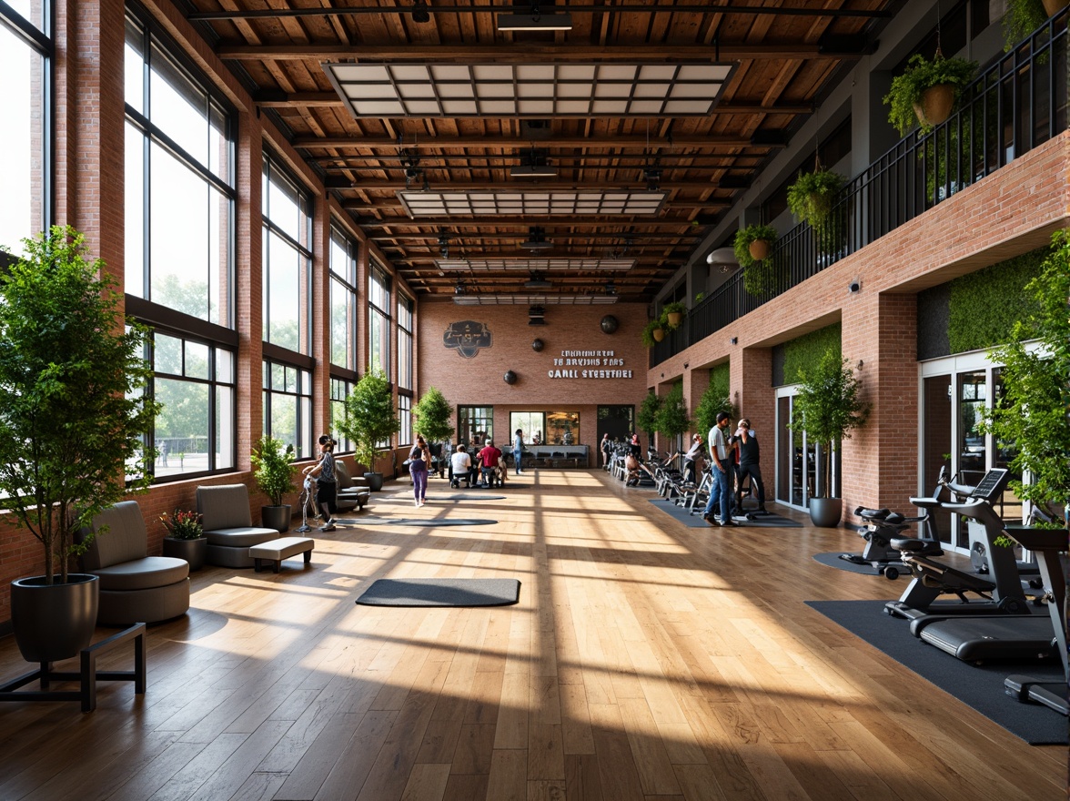 Prompt: Vibrant gym interior, metabolism-inspired design, natural light pouring in, large windows, industrial metal beams, reclaimed wood accents, exposed brick walls, modern fitness equipment, free weights, treadmills, exercise bikes, motivational quotes, greenery walls, living plants, earthy tones, warm color scheme, high ceilings, open spaces, minimal decor, functional layout, softbox lighting, shallow depth of field, 1/1 composition, realistic textures, ambient occlusion.