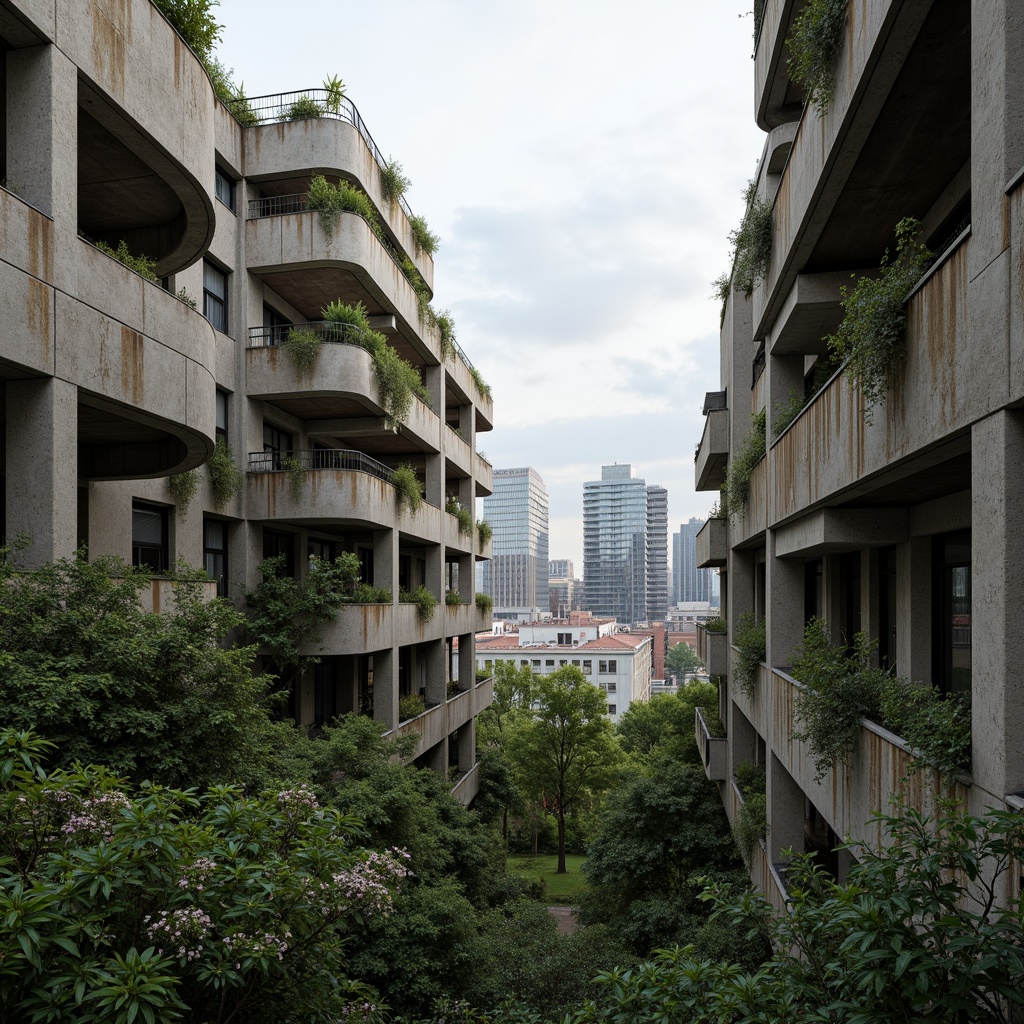 Prompt: Rugged brutalist buildings, raw concrete textures, fortress-like structures, overgrown vegetation, wildflowers, moss-covered walls, weathered steel beams, industrial materials, urban landscape integration, cityscape views, elevated walkways, cantilevered sections, dramatic shadows, harsh natural light, 1/1 composition, symmetrical framing, high-contrast lighting, gritty realistic textures, ambient occlusion.