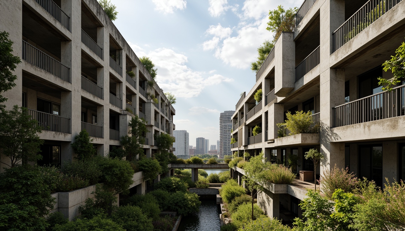 Prompt: Rugged brutalist buildings, raw concrete textures, fortress-like structures, overgrown vegetation, wildflowers, moss-covered walls, weathered steel beams, industrial materials, urban landscape integration, cityscape views, elevated walkways, cantilevered sections, dramatic shadows, harsh natural light, 1/1 composition, symmetrical framing, high-contrast lighting, gritty realistic textures, ambient occlusion.