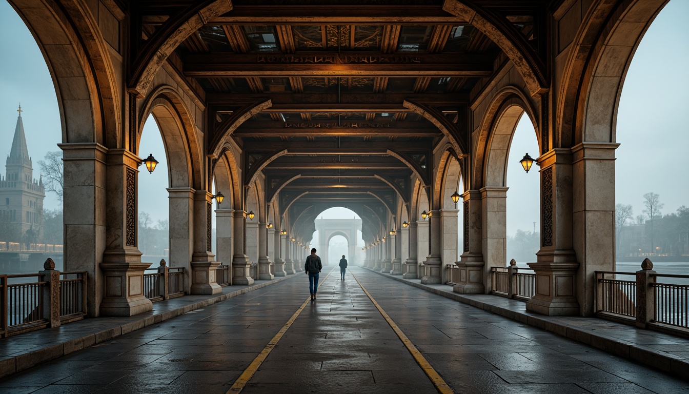 Prompt: Grand pedestrian bridge, Gothic archways, ornate stone carvings, ribbed vaults, pointed arches, flying buttresses, intricate tracery, stained glass windows, majestic piers, weathered bronze railings, mystical lanterns, misty atmosphere, soft warm lighting, shallow depth of field, 3/4 composition, panoramic view, realistic textures, ambient occlusion.