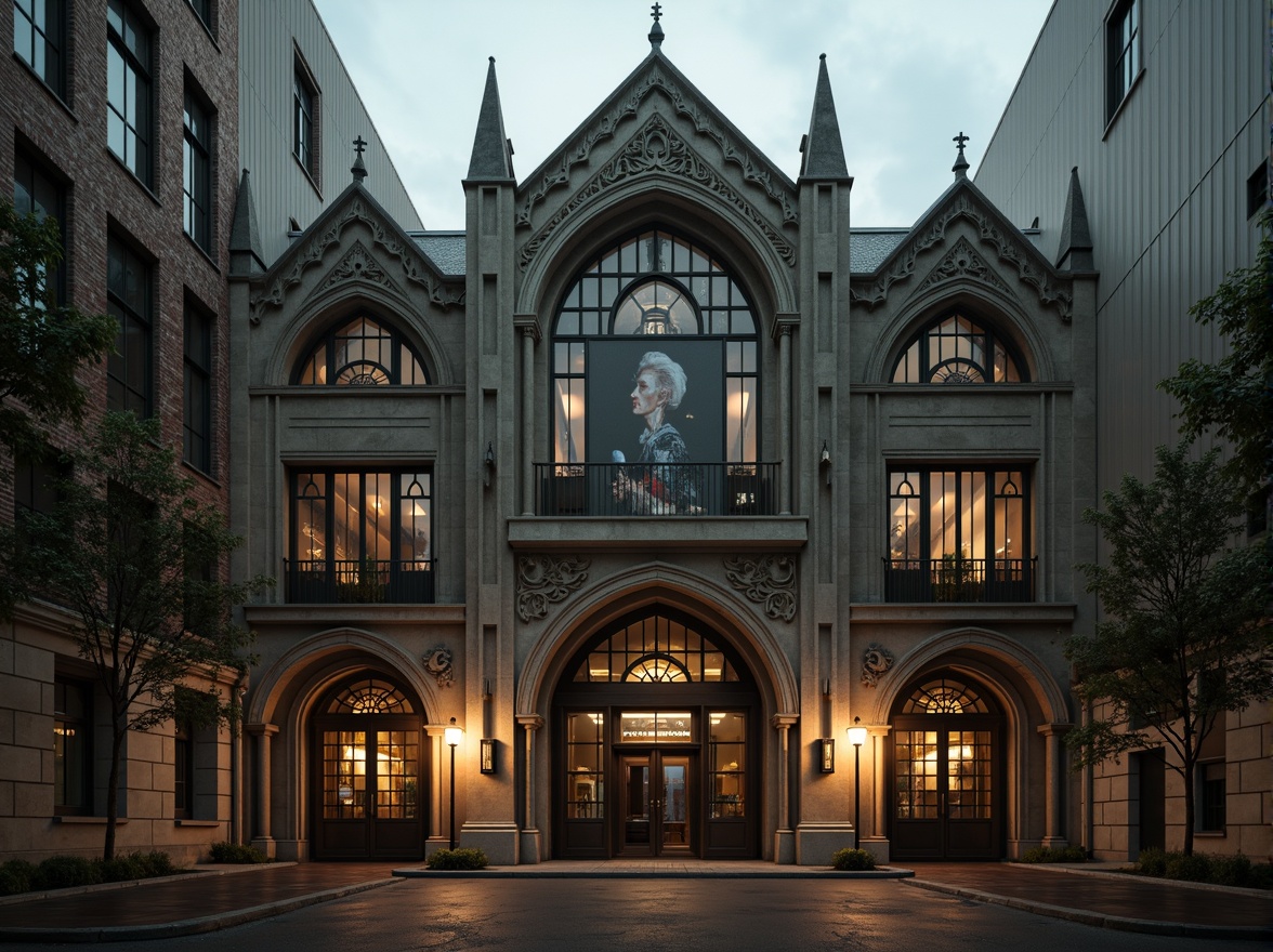 Prompt: Industrial factory building, Gothic-inspired facade, intricate stone carvings, pointed arches, ribbed vaults, flying buttresses, grand entrance gates, ornate metalwork, stained glass windows, dramatic verticality, imposing scale, mysterious ambiance, foggy atmosphere, warm golden lighting, high contrast ratio, 1/2 composition, cinematic view, detailed textures, ambient occlusion.