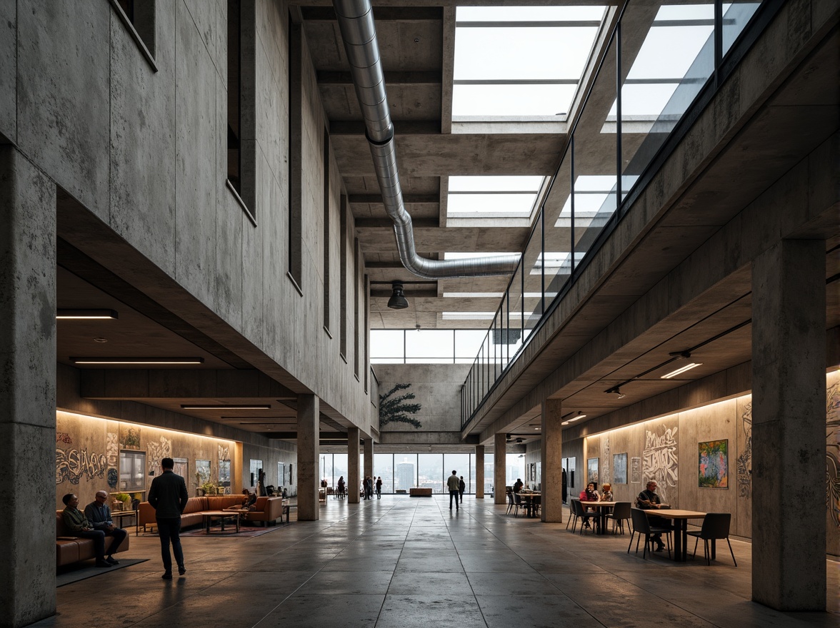 Prompt: Rugged community center, brutalist architecture, raw concrete walls, exposed ductwork, industrial metal beams, natural light pouring in, large skylights, clerestory windows, urban landscape views, gritty cityscape, overcast sky, soft diffused lighting, high contrast shadows, dramatic architectural forms, bold geometric shapes, functional minimalism, communal gathering spaces, reclaimed wood accents, weathered steel features, abstract graffiti art, moody atmospheric tones, cinematic composition, realistic textures, ambient occlusion.