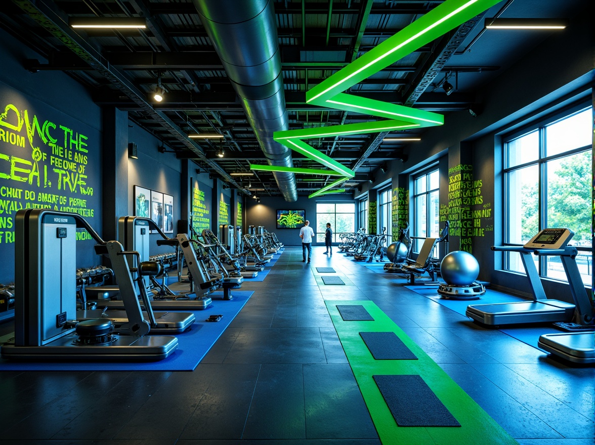 Prompt: Vibrant gym interior, bold color scheme, energetic atmosphere, neon green accents, deep blue tones, metallic silver equipment, industrial concrete floors, exposed ductwork ceilings, modern LED lighting, dynamic shadows, high-contrast textures, abstract geometric patterns, motivational quotes, futuristic architecture, sleek lines, minimalist design, state-of-the-art fitness machines, free weights area, mirrored walls, rubber flooring, athletic tracks, panoramic windows, natural daylight, soft warm glow, shallow depth of field, 3/4 composition.