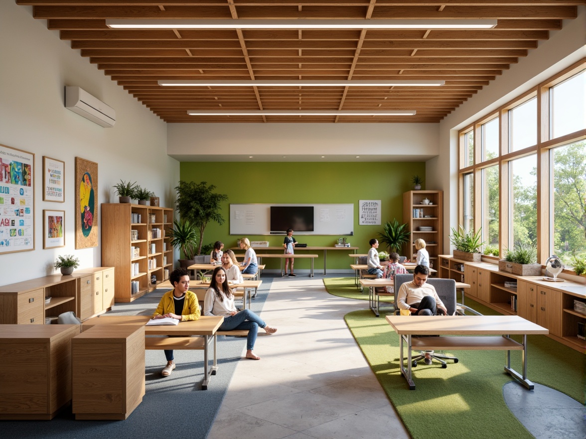 Prompt: Cozy classrooms, natural wood accents, soft warm lighting, comfortable seating areas, collaborative workspaces, interactive whiteboards, colorful educational charts, inspirational quotes, minimal ornamentation, open shelving units, organized storage systems, ergonomic furniture, acoustic panels, calming color schemes, abundant natural light, flexible modular layouts, technology-integrated learning tools, stimulating visual displays, engaging breakout spaces, quiet reading nooks, vibrant green walls, airy high ceilings, modern minimalist architecture.