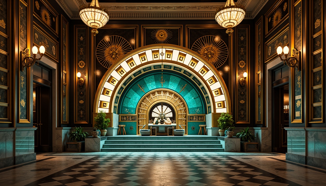 Prompt: Opulent Art Deco monument, ornate metalwork, geometric patterns, zigzag motifs, chevron designs, sunburst ornaments, luxurious marble, polished chrome accents, lavish chandeliers, intricate mosaics, bold typography, vibrant turquoise, rich gold leafing, dramatic spotlights, low-angle photography, cinematic composition, high-contrast lighting, detailed textures, ambient occlusion.