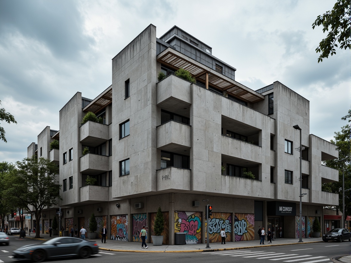 Prompt: Rugged community center, brutalist architecture, raw concrete walls, fortress-like structure, angular lines, geometric shapes, industrial materials, metal beams, exposed ductwork, urban landscape, city streets, graffiti art, street lamps, cloudy sky, dramatic lighting, high contrast, 1/1 composition, symmetrical framing, gritty textures, ambient occlusion.