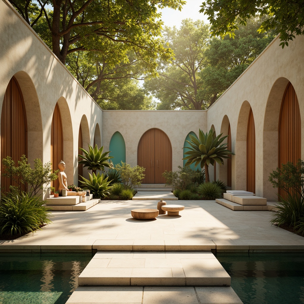 Prompt: \Ethereal temple, soft golden lighting, calming turquoise accents, natural stone walls, intricately carved wooden doors, serene water features, lush greenery, peaceful Buddha statues, minimalist decor, subtle aromas, warm beige tones, gentle archways, soft misty atmosphere, shallow depth of field, 1/1 composition, realistic textures, ambient occlusion.\