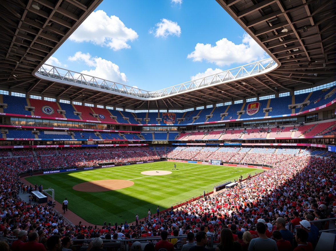 Prompt: Vibrant sports stadium, dynamic color scheme, bold team logos, energetic crowd atmosphere, bright LED lighting, sleek modern architecture, geometric patterns, angular lines, contrasting colors, high-visibility signage, branded concessions, lively entertainment areas, comfortable seating, panoramic views, warm sunny day, shallow depth of field, 3/4 composition, realistic textures, ambient occlusion.