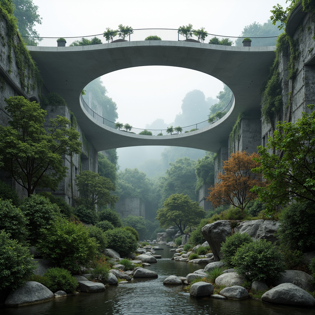 Prompt: Curved bridge silhouette, harmonious landscape integration, lush greenery, meandering waterways, natural stone foundations, sleek modern architecture, fusion of structural elements, dynamic lighting effects, misty atmospheric conditions, shallow depth of field, 1/2 composition, panoramic view, realistic textures, ambient occlusion, vibrant colorful accents, intricate geometric patterns, innovative material usage, sustainable design principles.