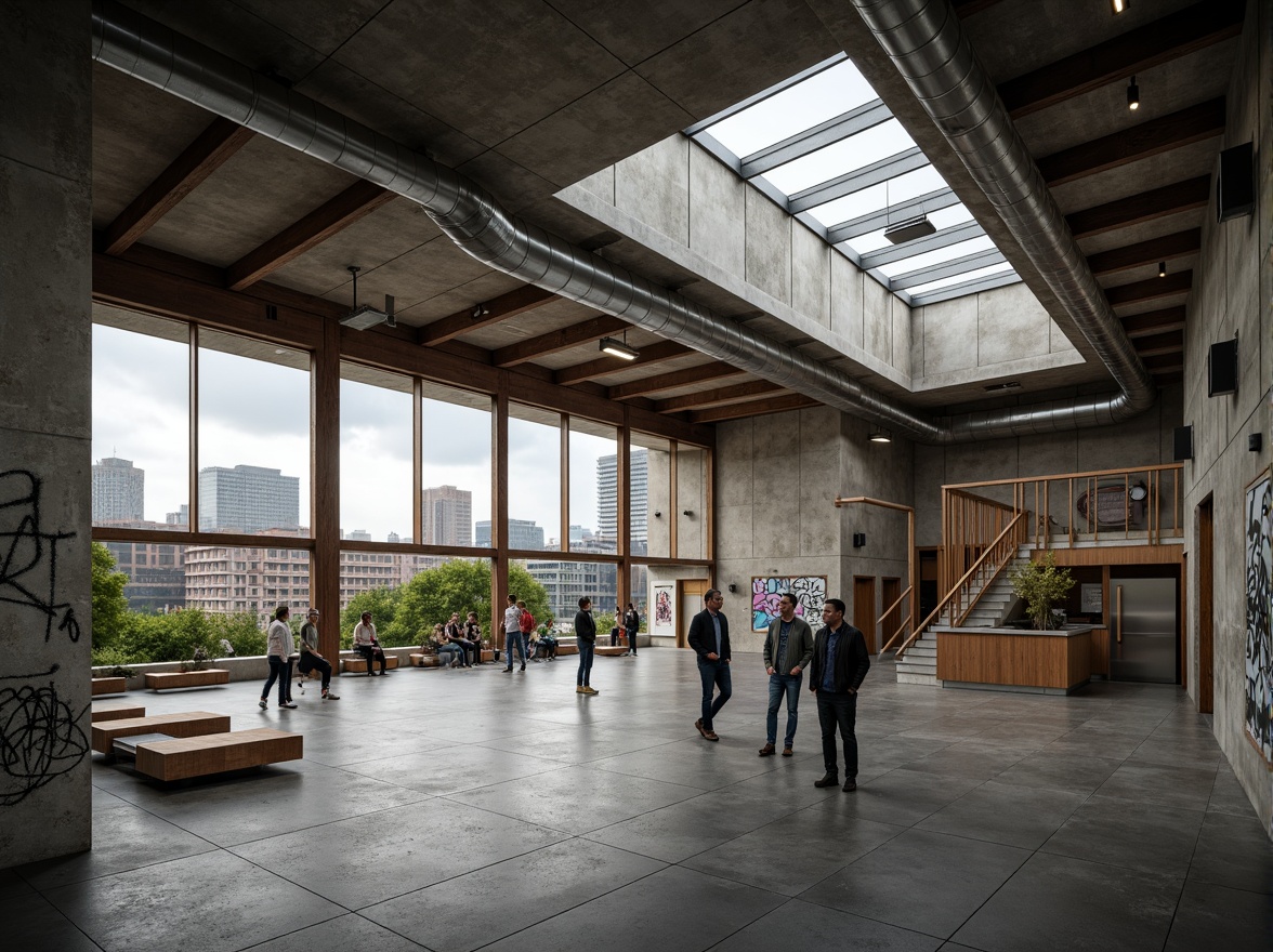 Prompt: Rugged community center, brutalist architecture, raw concrete walls, exposed ductwork, industrial metal beams, natural light pouring in, large skylights, clerestory windows, urban landscape views, gritty cityscape, overcast sky, soft diffused lighting, high contrast shadows, dramatic architectural forms, bold geometric shapes, functional minimalism, communal gathering spaces, reclaimed wood accents, weathered steel features, abstract graffiti art, moody atmospheric tones, cinematic composition, realistic textures, ambient occlusion.