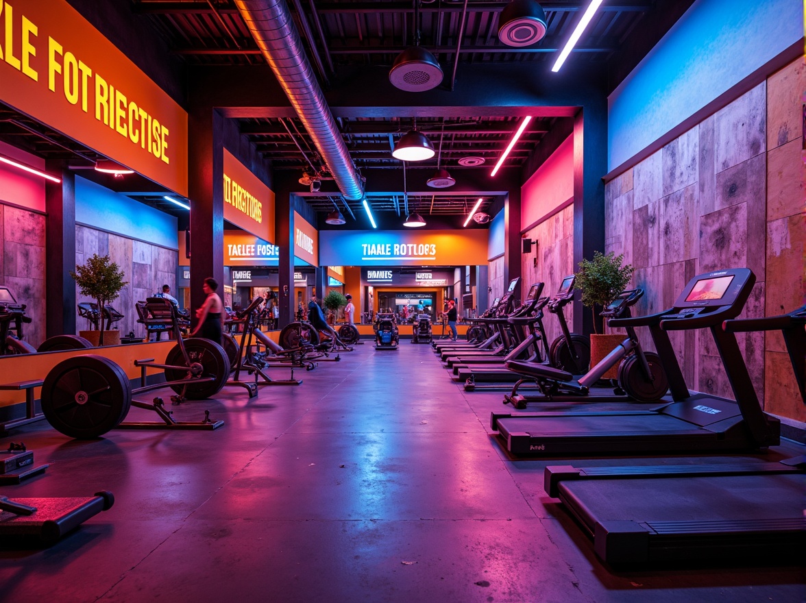 Prompt: Vibrant fitness studio, bold color scheme, energetic atmosphere, neon lights, motivational quotes, modern equipment, sleek metal frames, rubber flooring, mirrored walls, high ceilings, natural light, urban loft design, industrial chic aesthetic, reclaimed wood accents, metallic tones, dynamic lighting effects, fast-paced rhythm, 1/1 composition, shallow depth of field, realistic textures, ambient occlusion.