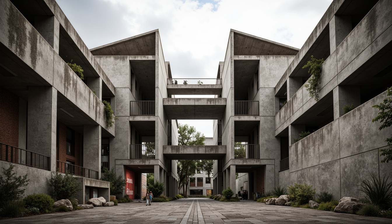 Prompt: Rough-hewn concrete walls, exposed ductwork, industrial metal beams, weathered steel surfaces, raw brick facades, rugged stone foundations, brutalist fortress-like structures, dramatic cantilevered roofs, angular geometric forms, monolithic monumental scale, harsh urban landscapes, overcast skies, diffused natural light, high-contrast shadows, gritty realistic textures, detailed normal maps, ambient occlusion.