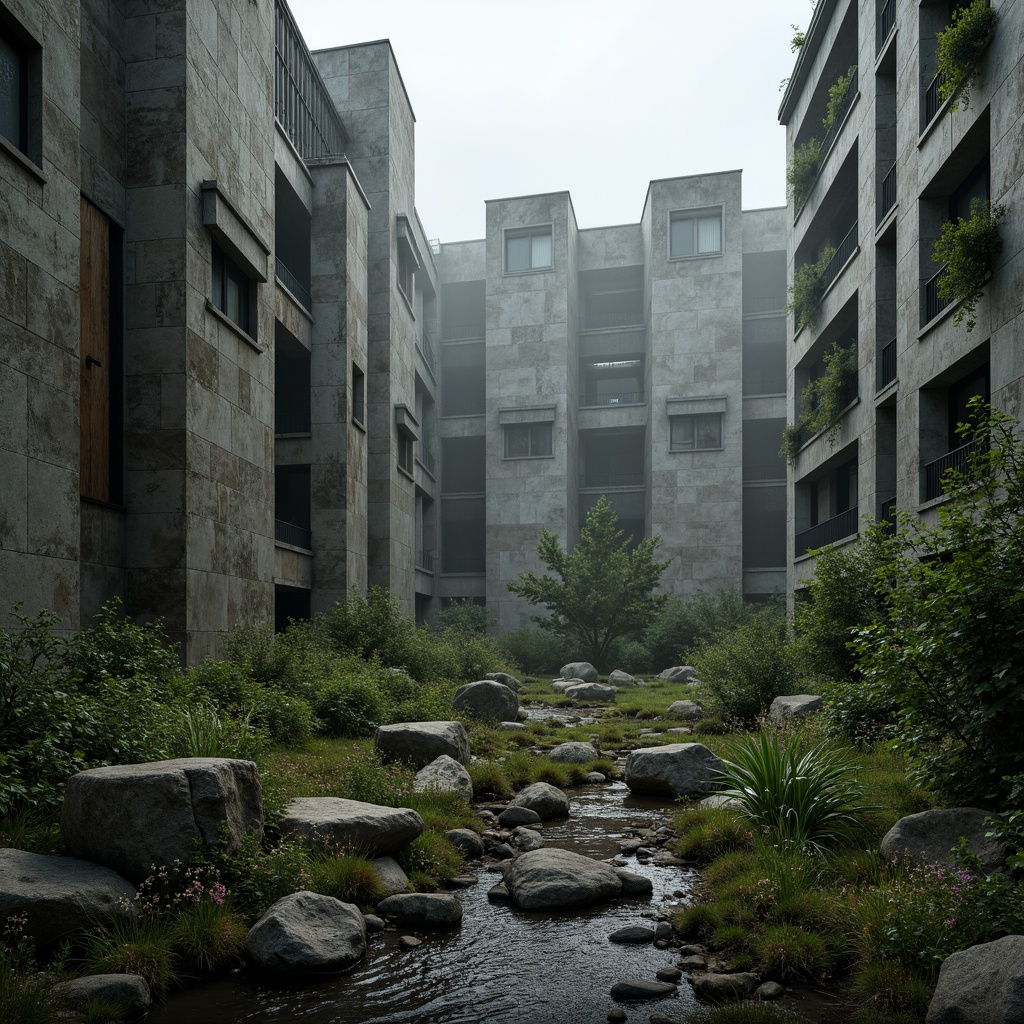 Prompt: Rugged brutalist architecture, raw concrete textures, fortress-like structures, overgrown vegetation, wildflowers, moss-covered walls, industrial landscapes, abandoned factories, rusty machinery, distressed metal accents, urban decay, gritty atmosphere, dramatic lighting, high contrast shadows, cinematic composition, atmospheric fog, misty mornings, eerie silence, desolate surroundings, fragmented rocks, weathered wood, reclaimed materials, post-apocalyptic ambiance.