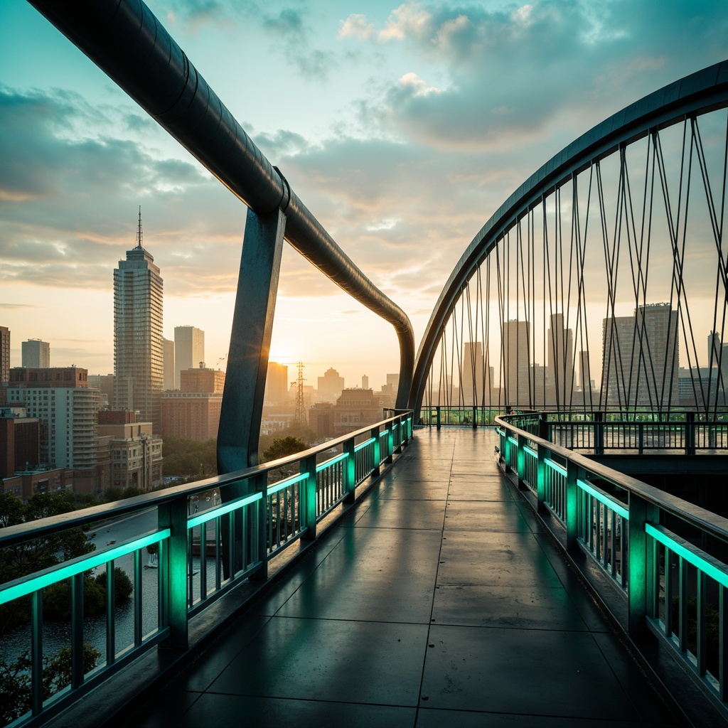 Prompt: Vibrant fusion architecture, curved bridge structures, steel cables, suspension systems, modern urban landscape, city skyline, misty morning atmosphere, warm golden lighting, soft focus effect, 1/2 composition, low-angle shot, rich textures, ambient occlusion, iridescent blue-green color scheme, neon accents, metallic sheen, glass railings, LED light installations, futuristic ambiance.