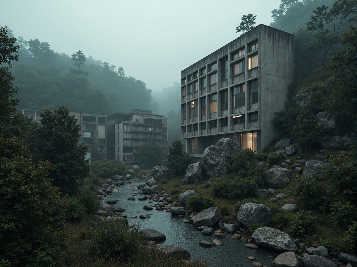 Prompt: Rugged natural landscape, rocky outcrops, dense forestation, brutalist concrete structures, fortress-like architecture, raw unfinished surfaces, industrial materials, exposed ductwork, dramatic lighting effects, misty atmospheric conditions, eerie silence, cinematic wide-angle shots, low-angle compositions, high-contrast textures, ominous color palette, abandoned industrial sites, overgrown vegetation, crumbling walls, rusted metal accents, brutalist sculptures, avant-garde performances, experimental sound design.