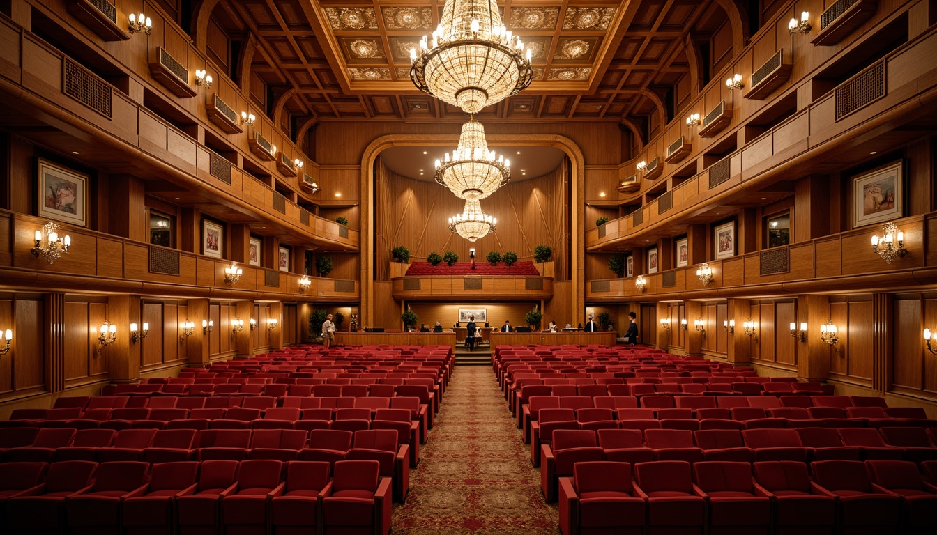 Prompt: Elegant auditorium, ornate constructivism architecture, rich wood tones, intricate stonework, sweeping curves, grand chandeliers, plush red velvet seats, acoustic panels, sound-absorbing materials, optimized reverberation time, precise speaker placement, dramatic spotlights, warm golden lighting, 1/2 composition, shallow depth of field, realistic textures, ambient occlusion.