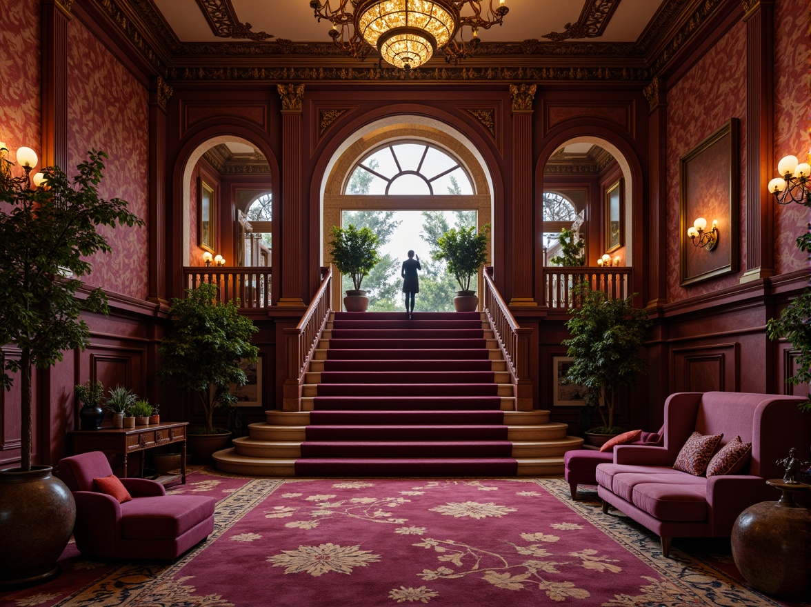 Prompt: Rich plum accents, luxurious velvet textures, ornate golden details, majestic archways, grand staircases, opulent chandeliers, lavish furnishings, regal atmosphere, warm ambient lighting, soft focus, shallow depth of field, 1/2 composition, intimate portrait view, realistic reflections, subtle shading.