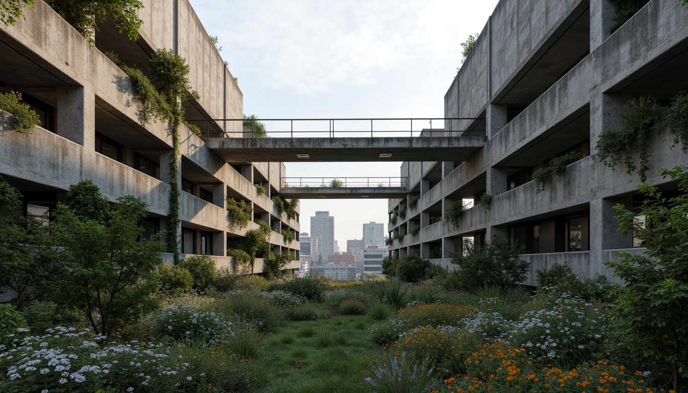 Prompt: Rugged brutalist buildings, raw concrete textures, fortress-like structures, overgrown vegetation, wildflowers, moss-covered walls, weathered steel beams, industrial materials, urban landscape integration, cityscape views, elevated walkways, cantilevered sections, dramatic shadows, harsh natural light, 1/1 composition, symmetrical framing, high-contrast lighting, gritty realistic textures, ambient occlusion.