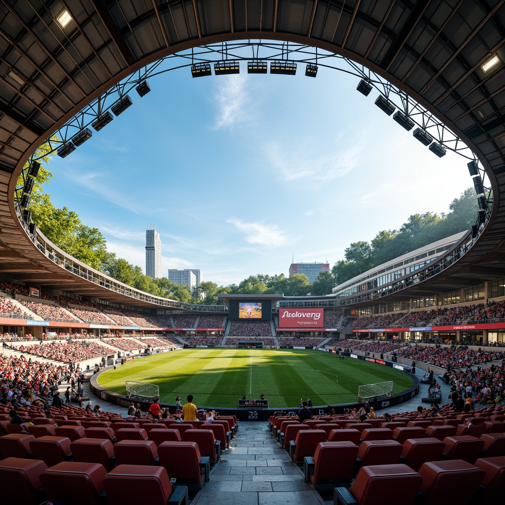 Prompt: Vibrant stadium interior, dynamic seating arrangement, tiered stands, sleek modern architecture, polished concrete floors, bright LED lighting, atmospheric misting systems, lush greenery, natural stone walls, curved lines, open concourses, spacious walkways, panoramic views, shallow depth of field, 3/4 composition, realistic textures, ambient occlusion, energetic crowd atmosphere, warm sunny day, soft warm lighting.