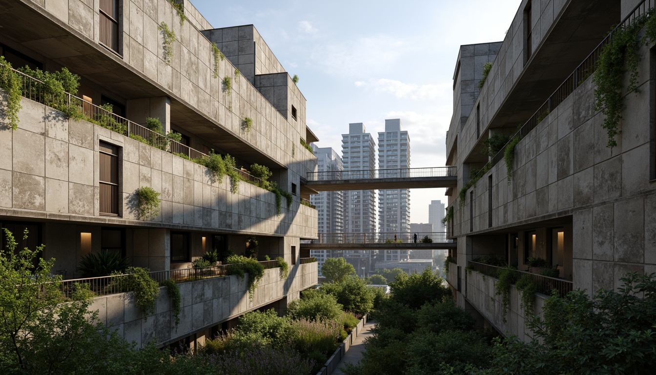 Prompt: Rugged brutalist buildings, raw concrete textures, fortress-like structures, overgrown vegetation, wildflowers, moss-covered walls, weathered steel beams, industrial materials, urban landscape integration, cityscape views, elevated walkways, cantilevered sections, dramatic shadows, harsh natural light, 1/1 composition, symmetrical framing, high-contrast lighting, gritty realistic textures, ambient occlusion.