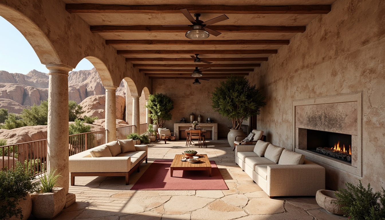 Prompt: Rustic sandstone walls, burgundy accent stones, earthy tones, natural textures, rugged landscape, desert flora, warm sunny day, soft diffused lighting, shallow depth of field, 1/2 composition, realistic rock formations, ambient occlusion, intricate stone carvings, ornate metal details, luxurious velvet fabrics, rich wood furnishings, cozy intimate spaces, dramatic color contrast.