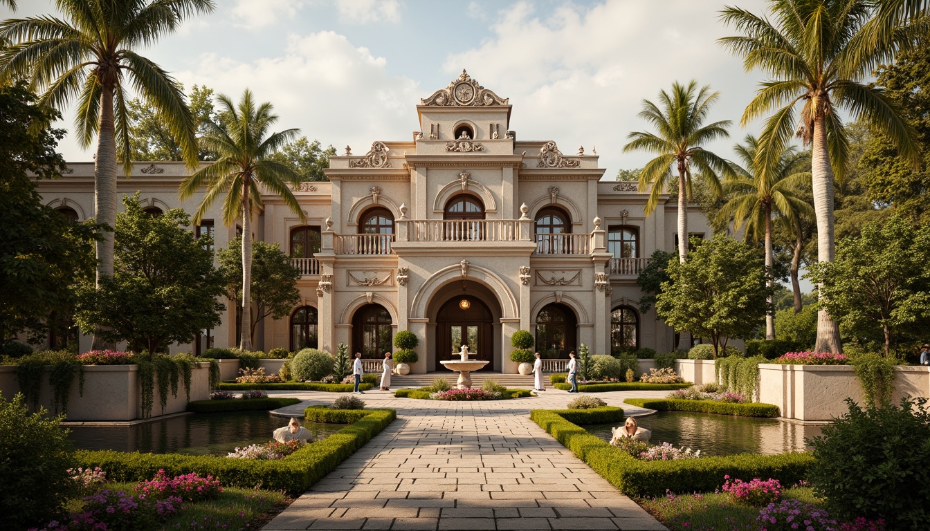 Prompt: Ornate Baroque-style mansion, grandiose facade, intricately carved stonework, lush greenery, vibrant flowers, meandering pathways, serene water features, ornamental fountains, statuesque decorations, rustic stone walls, majestic entrance gates, symmetrical composition, warm golden lighting, soft focus, 1/2 composition, atmospheric perspective, realistic textures, ambient occlusion.