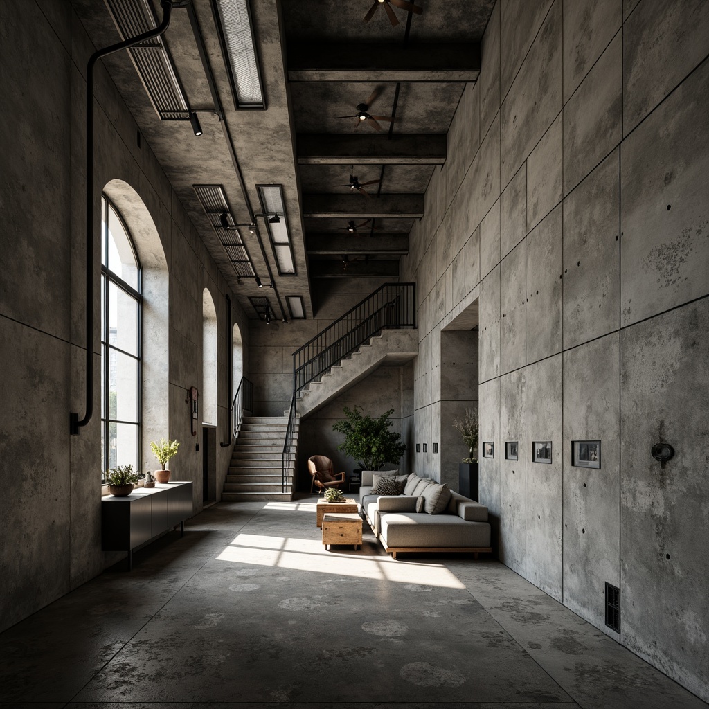 Prompt: Raw concrete walls, rugged textures, brutalist architecture, urban apartment building, industrial chic aesthetic, minimalist decor, functional simplicity, exposed ductwork, steel beams, industrial-style lighting, metal railings, raw wood accents, monochromatic color scheme, dramatic shadows, high-contrast lighting, cinematic composition, 1/2 camera angle, gritty realistic textures, ambient occlusion.