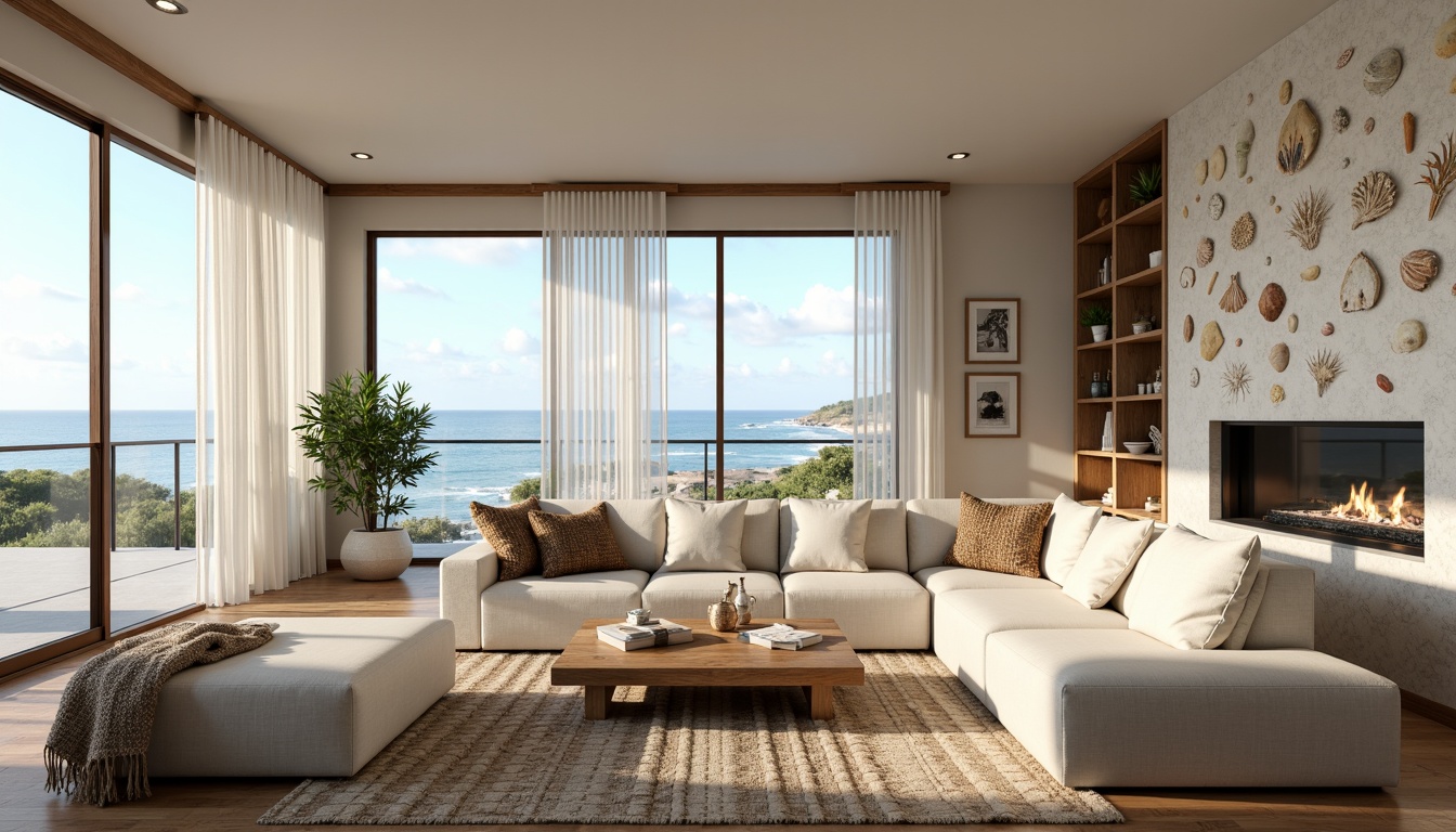 Prompt: Coastal living room, ocean-inspired color palette, driftwood accents, natural textiles, woven sea grass furniture, coral-patterned rugs, shell-adorned decorative walls, floor-to-ceiling windows, sliding glass doors, panoramic ocean views, soft warm lighting, beachy ambiance, minimalist decor, nautical-themed accessories, distressed wood flooring, plush sectional sofas, built-in shelving units, tropical plants, calming atmosphere, 1/1 composition, realistic reflections, ambient occlusion.