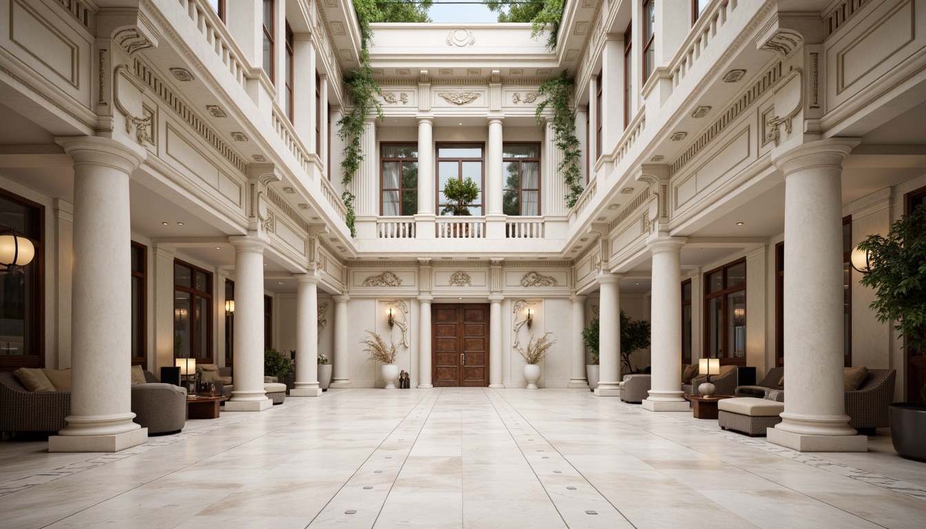 Prompt: Elegant classical buildings, ornate columns, carved stone facades, grand entranceways, symmetrical compositions, neutral color palette, creamy whites, soft grays, warm beiges, rich wood tones, polished marble floors, intricate moldings, decorative cornices, ornamental balustrades, subtle texture variations, natural light illumination, soft shadows, 1/1 composition, realistic renderings, ambient occlusion.