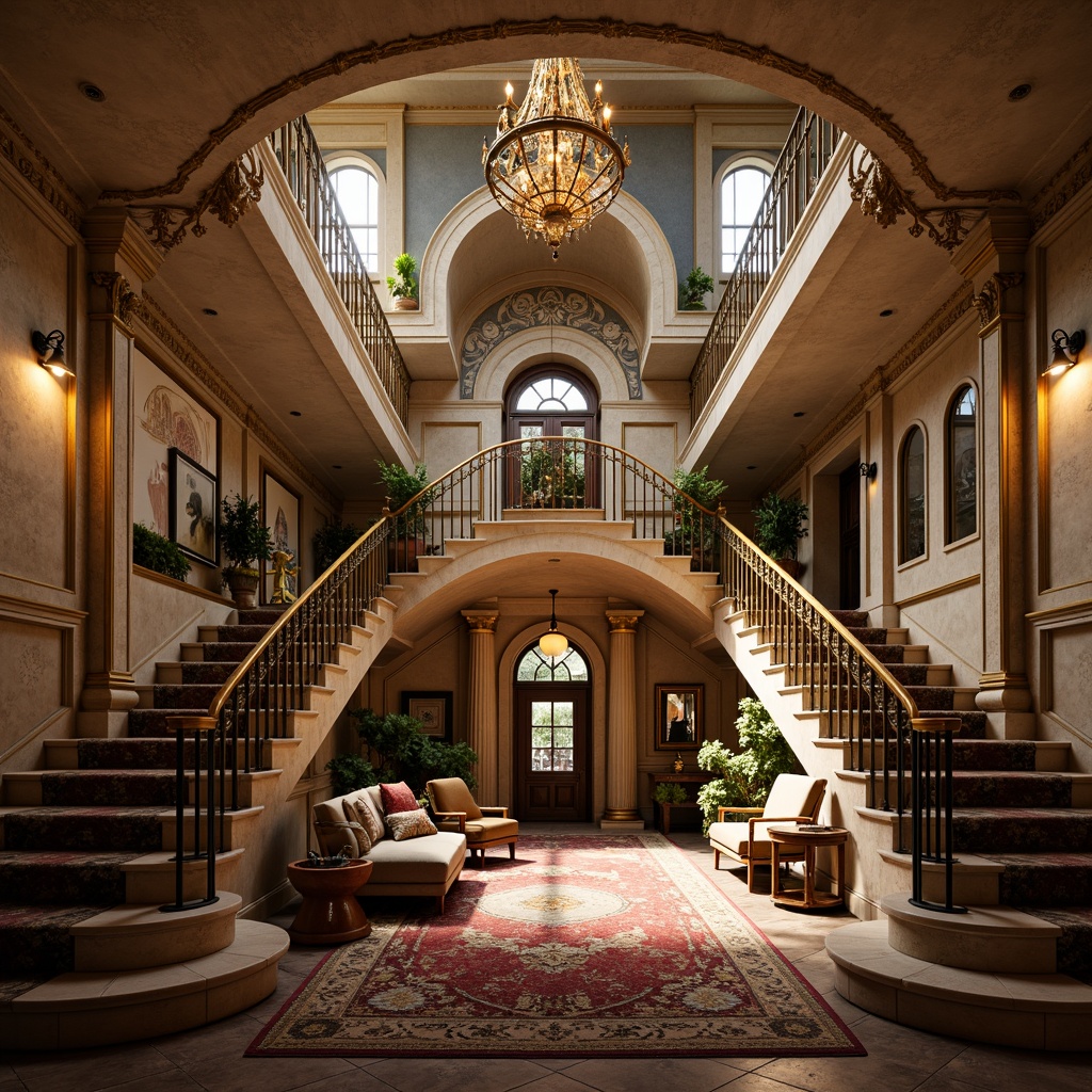 Prompt: Ornate balustrades, grandiose staircases, intricately carved stone railings, gilded metal banisters, ornamental scrollwork, lavish decorations, opulent furnishings, richly patterned rugs, majestic chandeliers, dramatic lighting effects, warm golden tones, highly detailed textures, shallow depth of field, 1/1 composition, realistic rendering.