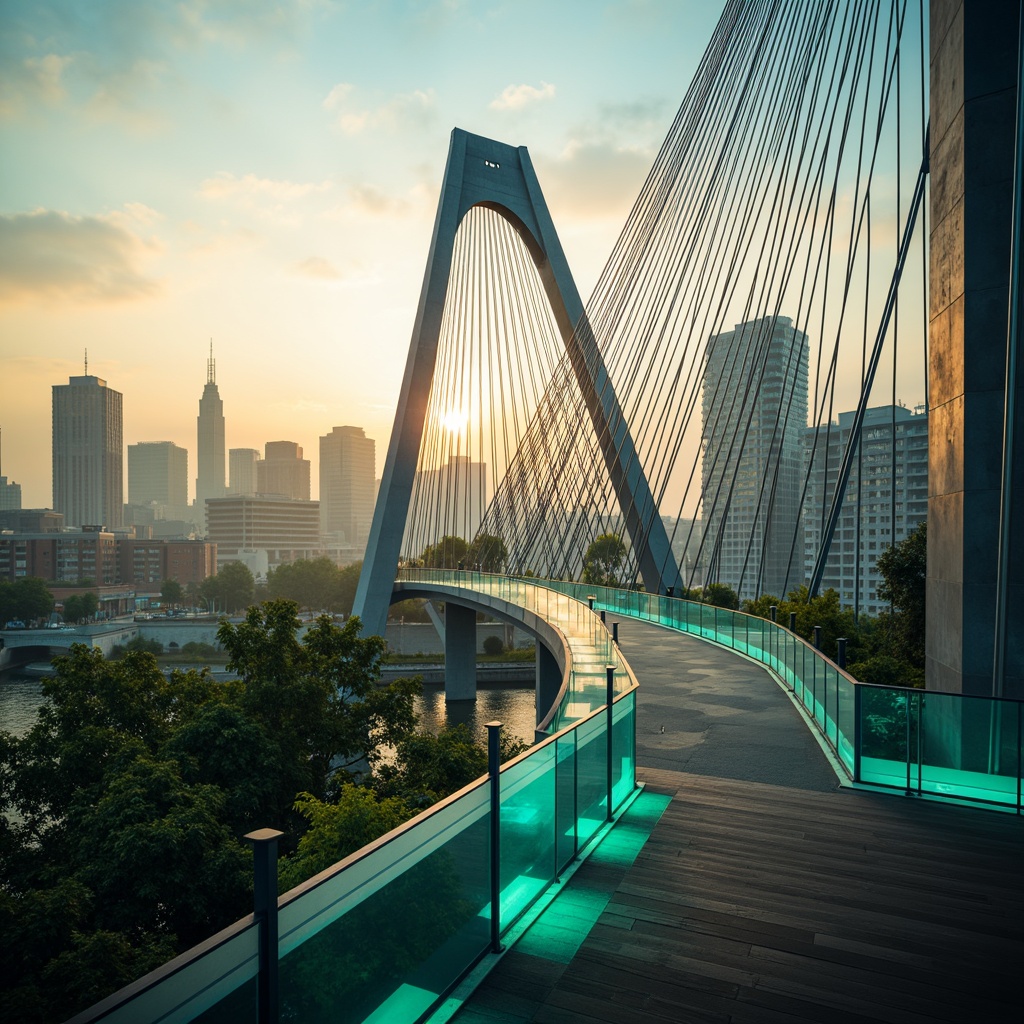 Prompt: Vibrant fusion architecture, curved bridge structures, steel cables, suspension systems, modern urban landscape, city skyline, misty morning atmosphere, warm golden lighting, soft focus effect, 1/2 composition, low-angle shot, rich textures, ambient occlusion, iridescent blue-green color scheme, neon accents, metallic sheen, glass railings, LED light installations, futuristic ambiance.