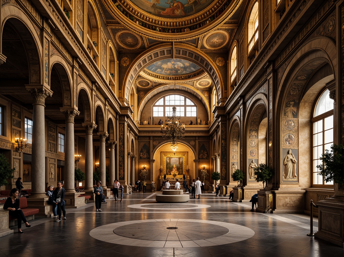 Prompt: Majestic Byzantine church, ornate columns, intricately carved capitals, golden mosaics, vaulted ceilings, grand arches, marble floors, ornamental frescoes, sacred icons, mystical ambiance, warm soft lighting, shallow depth of field, 1/1 composition, symmetrical view, realistic textures, ambient occlusion.