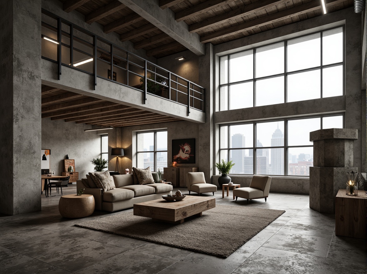 Prompt: Exposed concrete walls, rugged stone floors, industrial metal beams, raw wooden accents, minimalist decor, brutalist architectural style, urban loft atmosphere, high ceilings, large windows, natural light, cityscape views, functional simplicity, monochromatic color scheme, distressed textures, rough-hewn wood furniture, steel lighting fixtures, industrial-style pipes, concrete columns, brutalist-inspired sculptures, abstract artwork, moody ambient lighting, shallow depth of field, 2/3 composition, cinematic framing.