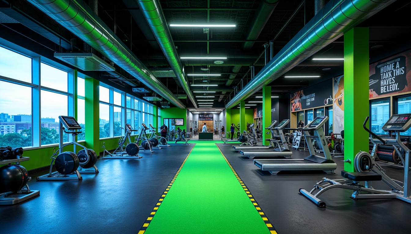 Prompt: Vibrant gym interior, bold color scheme, energetic atmosphere, neon green accents, deep blue tones, metallic silver equipment, industrial concrete floors, exposed ductwork ceilings, modern LED lighting, dynamic shadows, high-contrast textures, abstract geometric patterns, motivational quotes, futuristic architecture, sleek lines, minimalist design, state-of-the-art fitness machines, free weights area, mirrored walls, rubber flooring, athletic tracks, panoramic windows, natural daylight, soft warm glow, shallow depth of field, 3/4 composition.