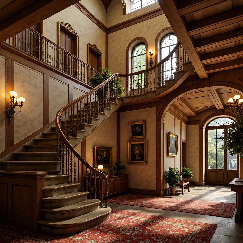 Prompt: Ornate balustrades, grandiose staircases, intricately carved stone railings, gilded metal banisters, ornamental scrollwork, lavish decorations, opulent furnishings, richly patterned rugs, majestic chandeliers, dramatic lighting effects, warm golden tones, highly detailed textures, shallow depth of field, 1/1 composition, realistic rendering.