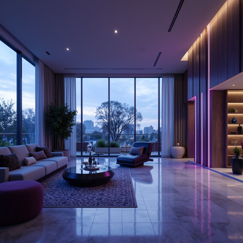 Prompt: Calming atmosphere, soothing blue hues, rich violet accents, modern interior design, spacious open-plan living area, sleek minimalist furniture, polished marble floors, geometric patterned rugs, floor-to-ceiling windows, abundant natural light, soft warm glow, 1/1 composition, shallow depth of field, realistic textures, ambient occlusion.