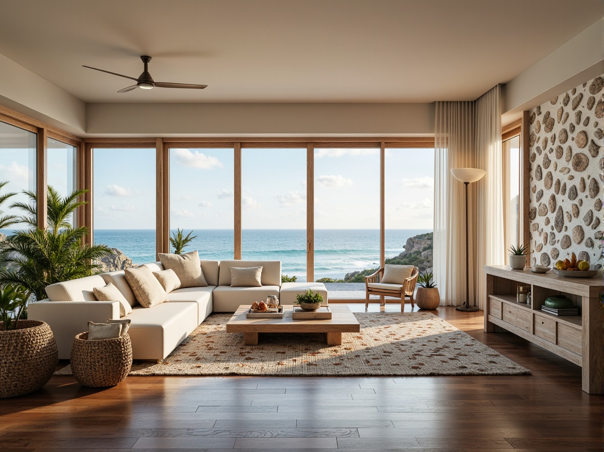 Prompt: Coastal living room, ocean-inspired color palette, driftwood accents, natural textiles, woven sea grass furniture, coral-patterned rugs, shell-adorned decorative walls, floor-to-ceiling windows, sliding glass doors, panoramic ocean views, soft warm lighting, beachy ambiance, minimalist decor, nautical-themed accessories, distressed wood flooring, plush sectional sofas, built-in shelving units, tropical plants, calming atmosphere, 1/1 composition, realistic reflections, ambient occlusion.