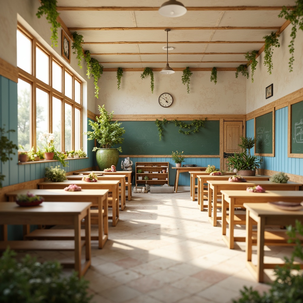 Prompt: Whimsical elementary school, soft pastel colors, creamy whites, warm beige tones, gentle peach hues, sky blue accents, playful polka dots, rustic wooden textures, vintage chalkboard details, distressed brick walls, lush greenery, blooming flowers, sunny afternoon, warm golden lighting, shallow depth of field, 1/1 composition, intimate close-ups, realistic textures, ambient occlusion.