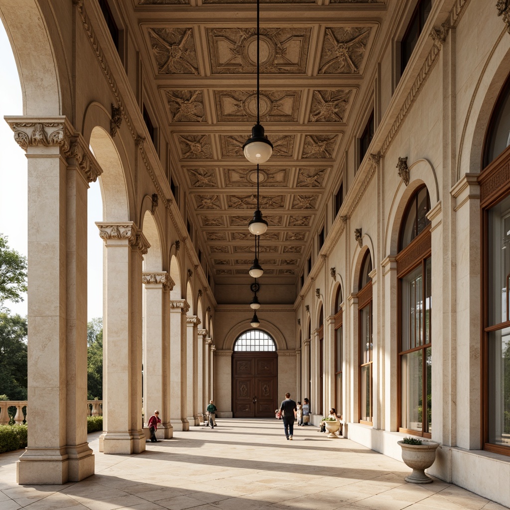 Prompt: Ornate columns, carved stone capitals, grand archways, symmetrical facades, ornamental moldings, intricate carvings, classical pediments, rusticated bases, fluted pilasters, egg-and-dart motifs, acanthus leaf patterns, subtle color palette, warm beige tones, soft golden lighting, shallow depth of field, 1/1 composition, realistic textures, ambient occlusion.