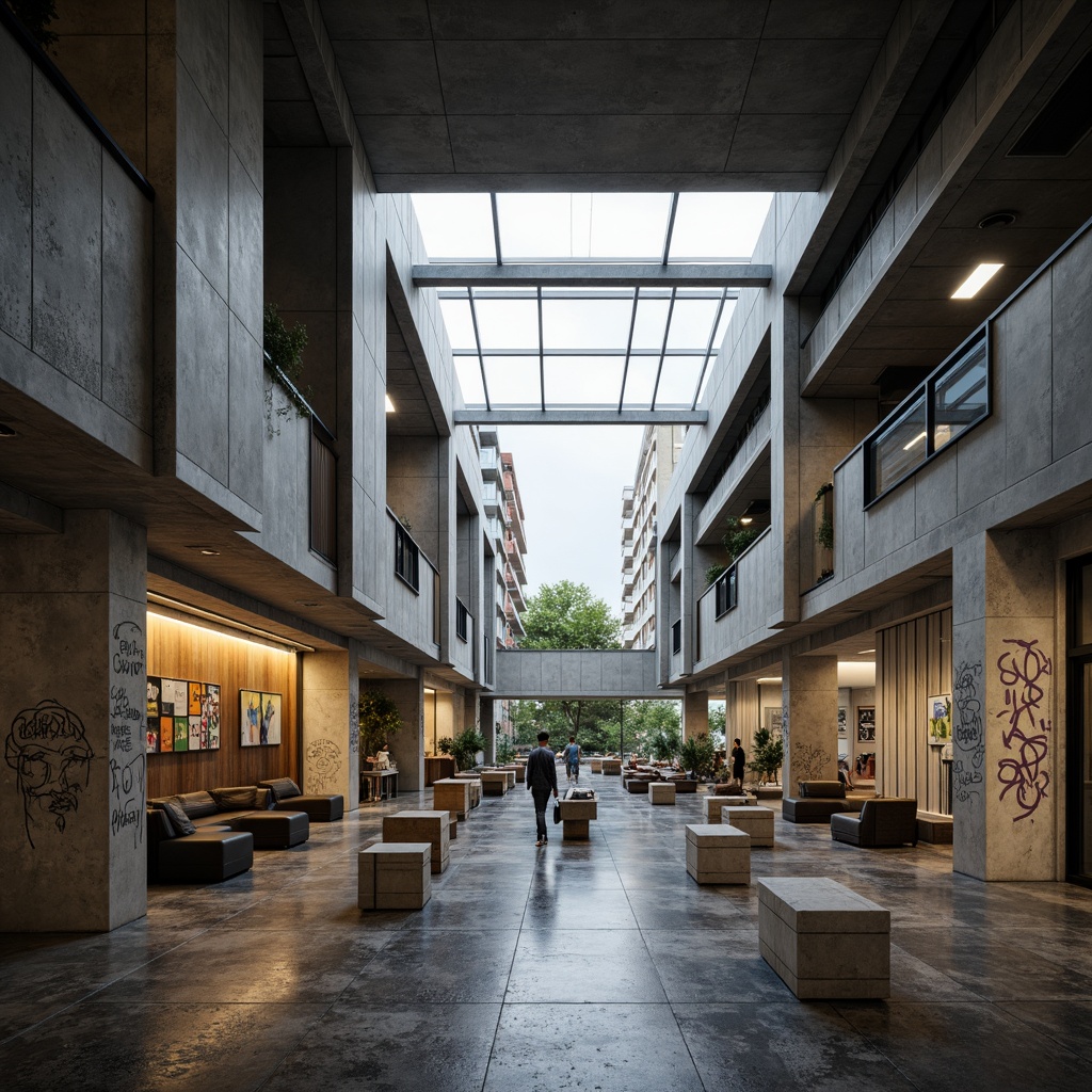 Prompt: Rugged community center, brutalist architecture, raw concrete walls, exposed ductwork, industrial metal beams, natural light pouring in, large skylights, clerestory windows, urban landscape views, gritty cityscape, overcast sky, soft diffused lighting, high contrast shadows, dramatic architectural forms, bold geometric shapes, functional minimalism, communal gathering spaces, reclaimed wood accents, weathered steel features, abstract graffiti art, moody atmospheric tones, cinematic composition, realistic textures, ambient occlusion.