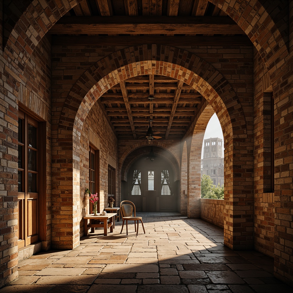 Prompt: Rustic stone walls, weathered brick facades, ornate carvings, intricate archways, grandiose vaulted ceilings, richly patterned textiles, warm golden lighting, soft diffused shadows, 1/1 composition, symmetrical framing, realistic material textures, ambient occlusion, mysterious atmosphere, ancient historical context, European medieval setting.